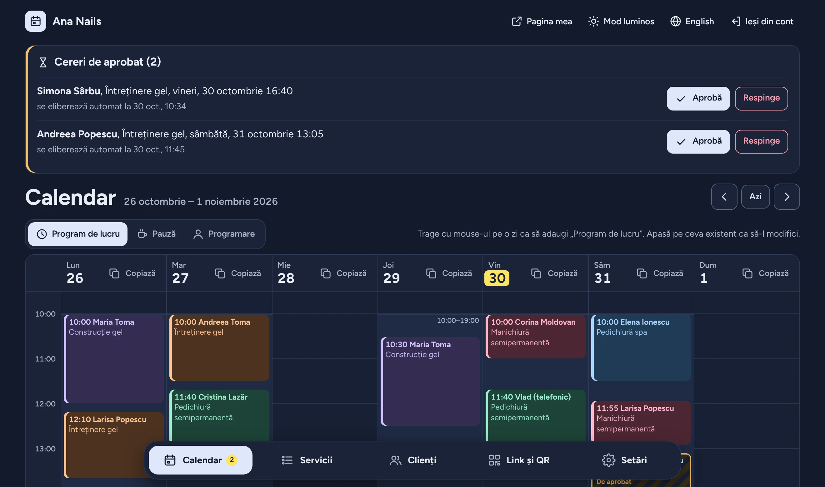 Calendarul în modul întunecat